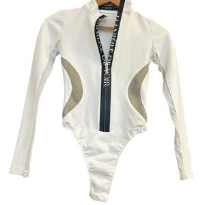 Maniere De Voir EUC size 4 White and Tan Bodysuit with High Neckline